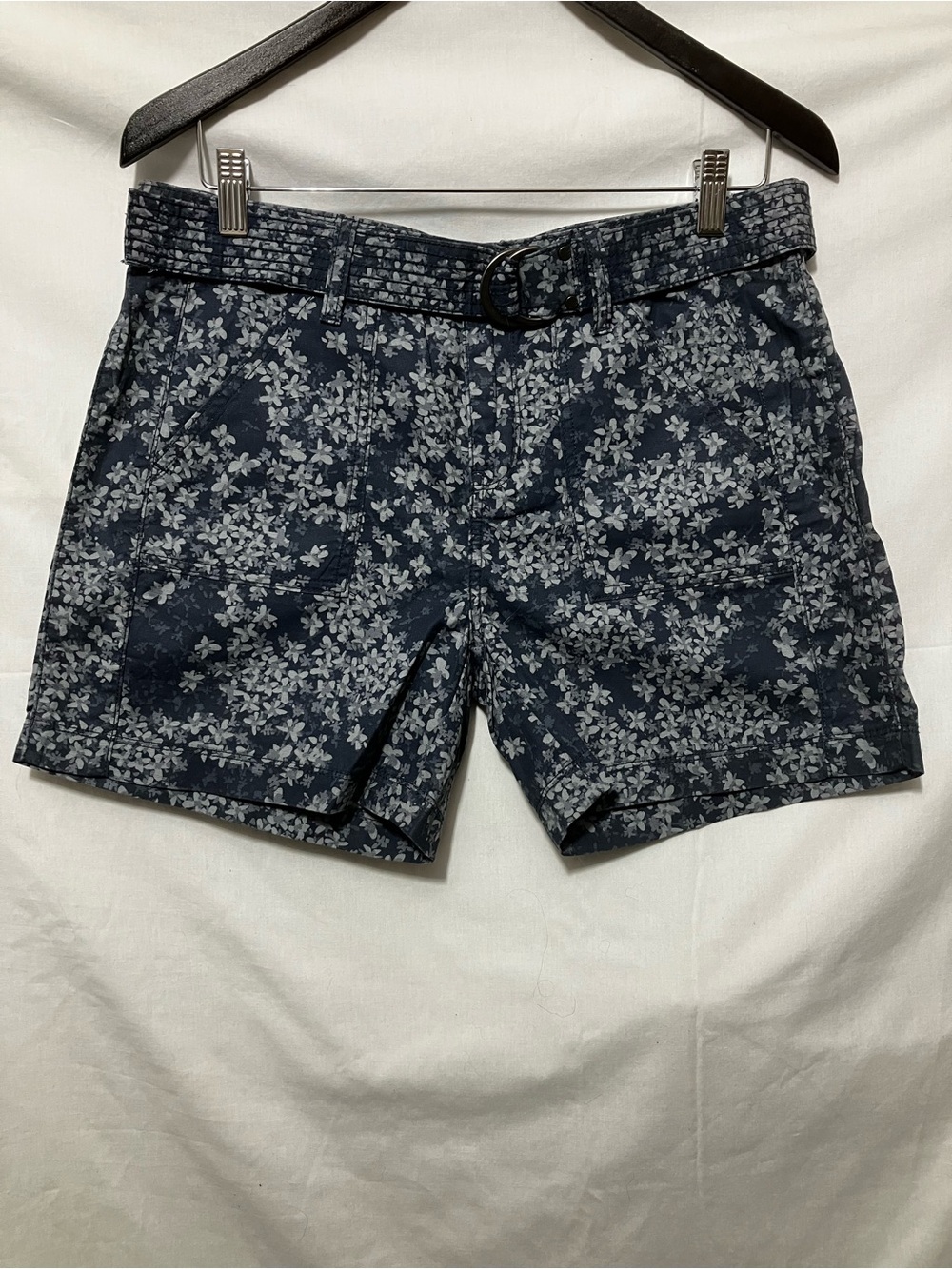 Calvin Klein Floral Print Belted Cotton Shorts - Navy